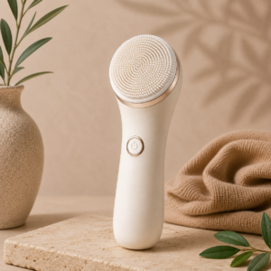Brosse visage douce Cosm'éthique posée sur une surface naturelle