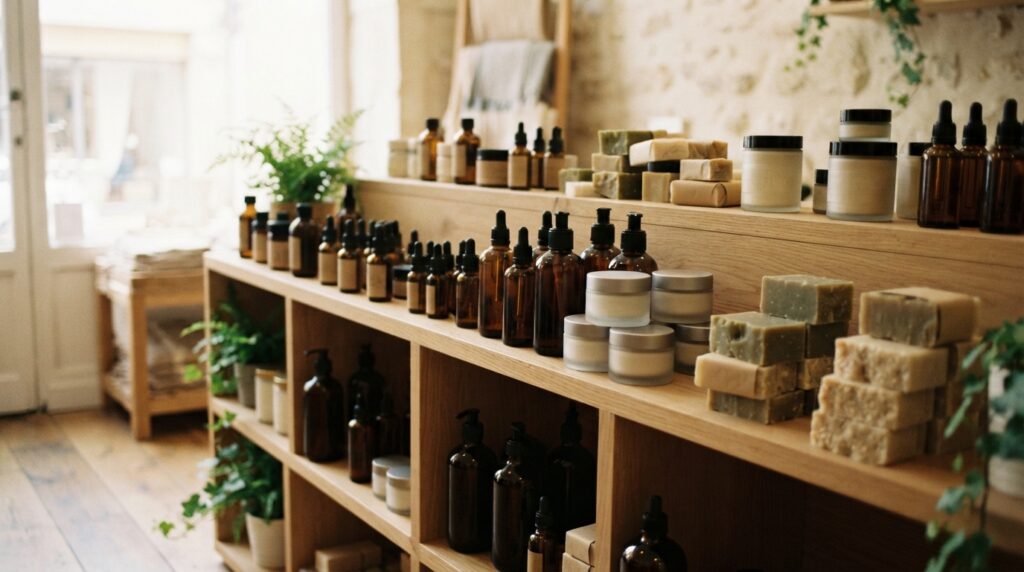 Intérieur d’une boutique Cosm’éthique : étagères en bois garnies de flacons de soins naturels et de savons artisanaux