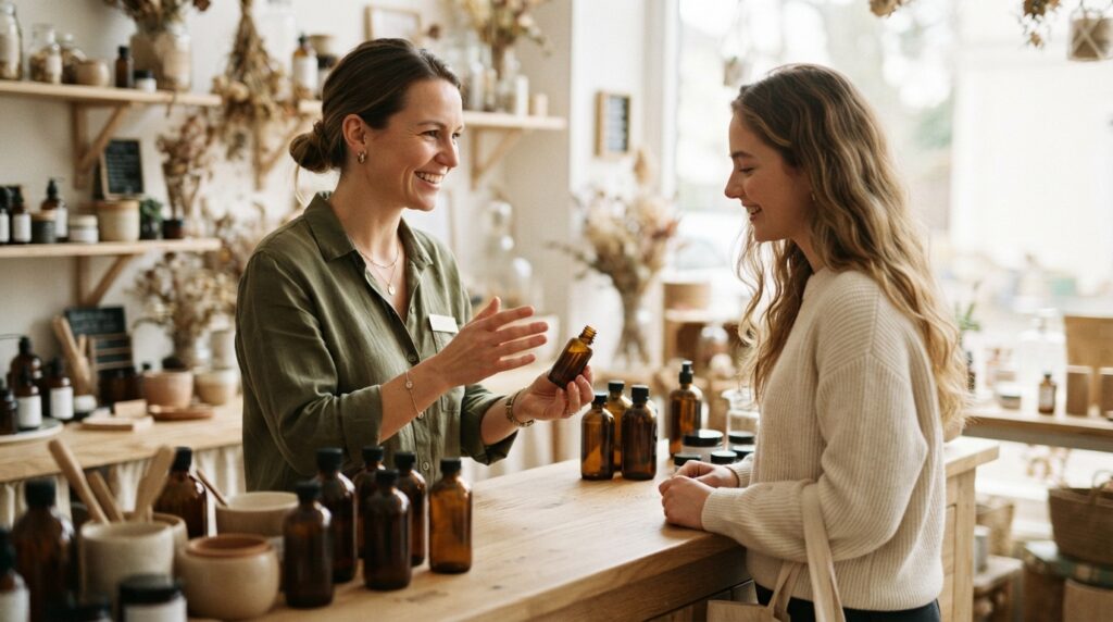 Une conseillère Cosm’éthique présente un soin naturel à une cliente au comptoir de la boutique