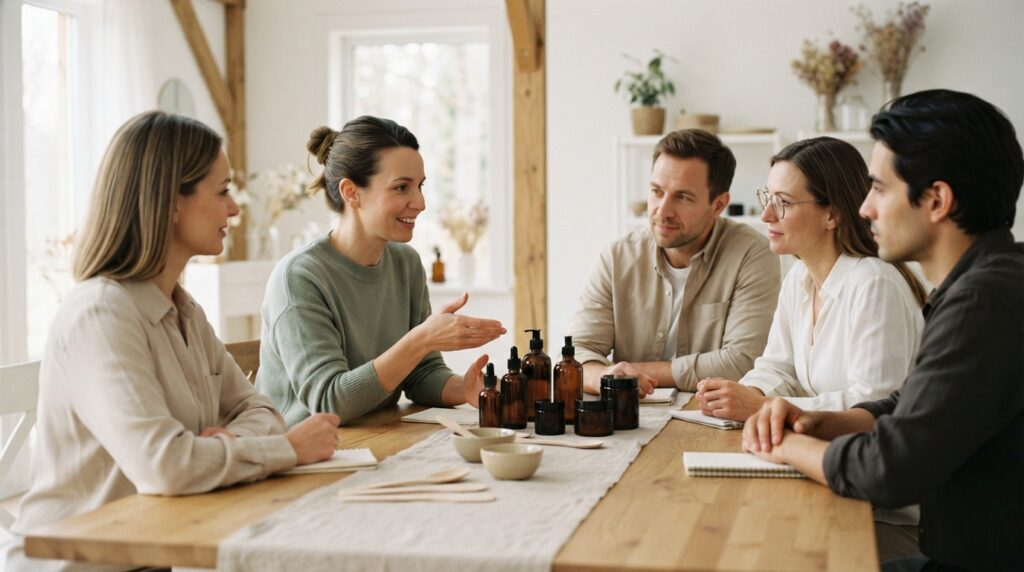 Session de formation Cosm’éthique : cinq personnes autour d’une table de travail avec les produits de la marque
