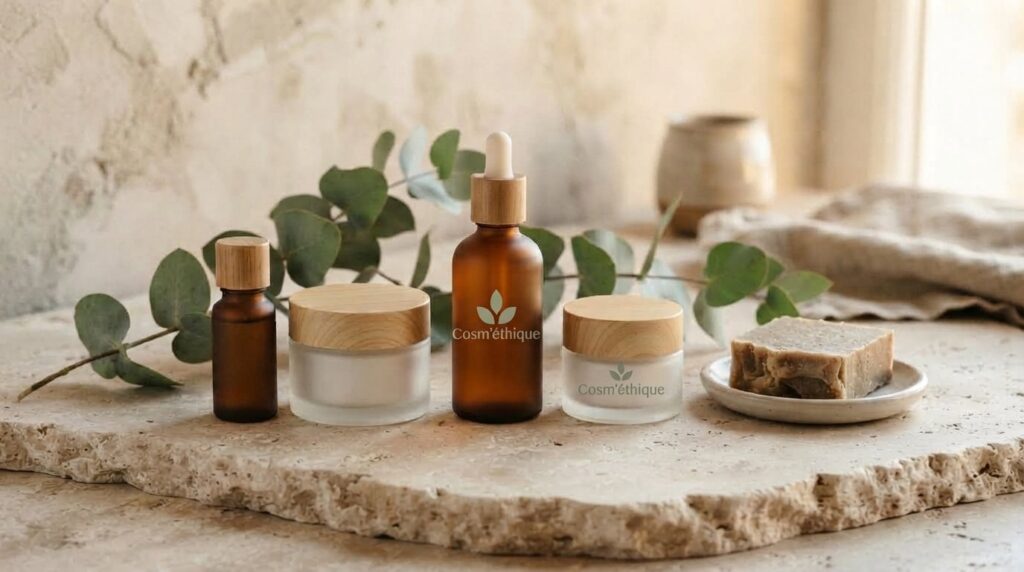 Gamme de soins naturels Cosm’éthique : flacons ambrés, pots de crème et savon sur un plan de pierre