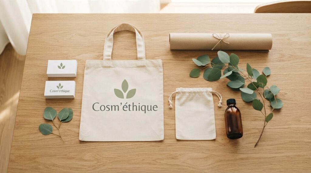 Supports de communication Cosm’éthique : sac en toile, affiche, cartes et flacon de soin sur une table en bois